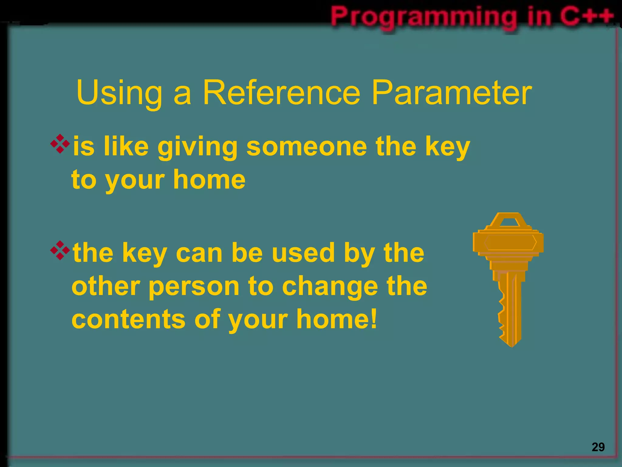 Using a Reference Parameter  is like giving someone the key to your home  the key can be used by the other person to change the contents of your home!  