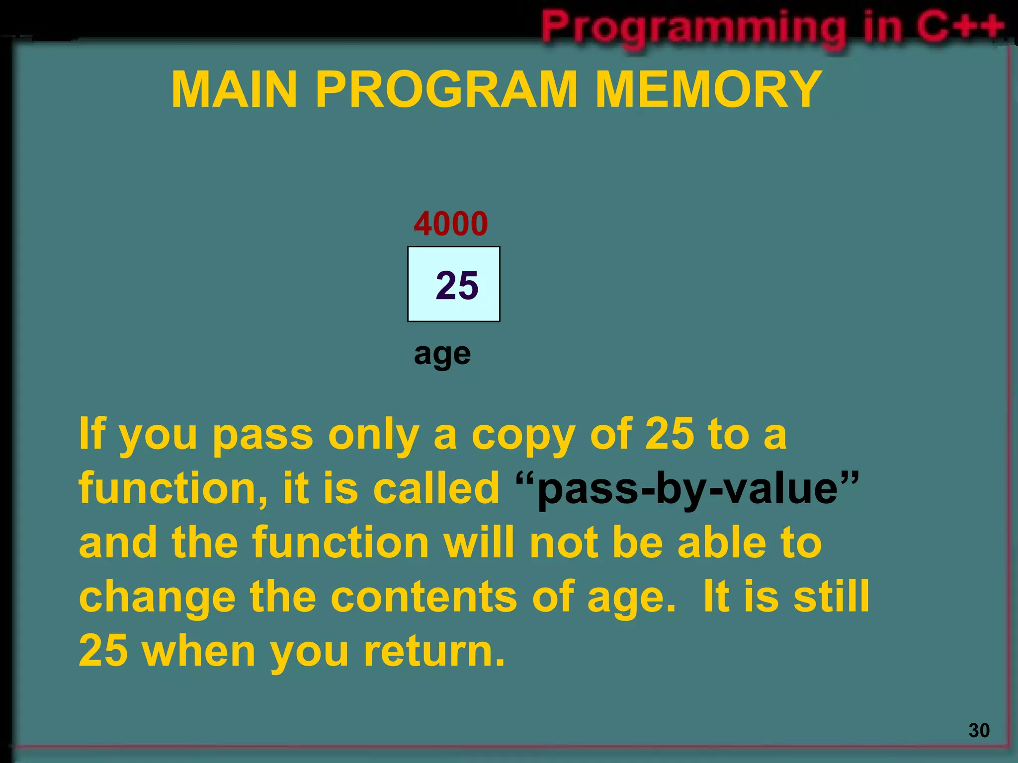 MAIN PROGRAM MEMORY If you pass only a copy of 25 to a function, it is called  “pass-by-value”  and the function will not be able to change the contents of age.  It is still 25 when you return. 25 4000 age 