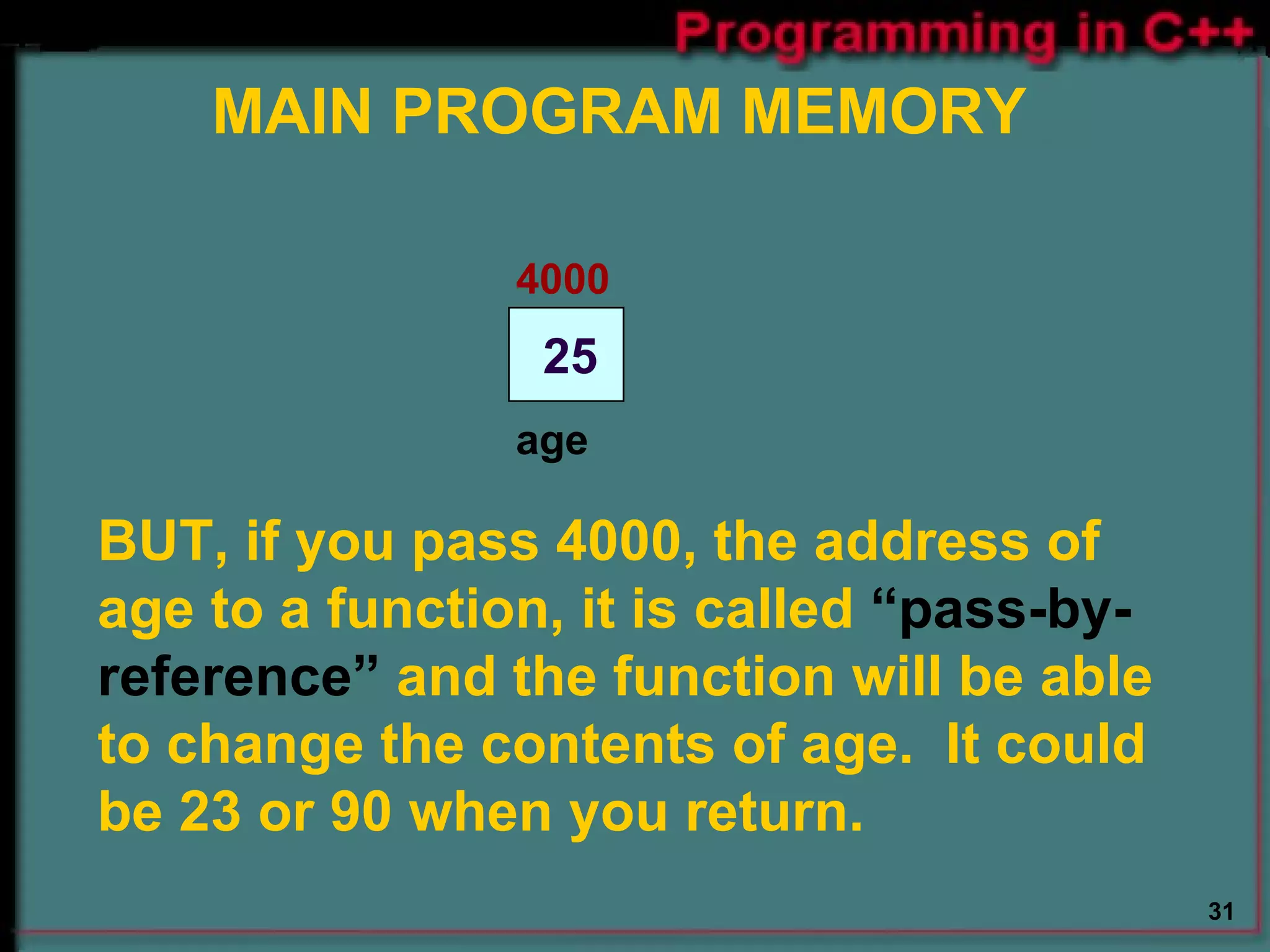 MAIN PROGRAM MEMORY BUT, if you pass 4000, the address of age to a function, it is called  “pass-by-reference”  and the function will be able to change the contents of age.  It could be 23 or 90 when you return. 25 4000 age 