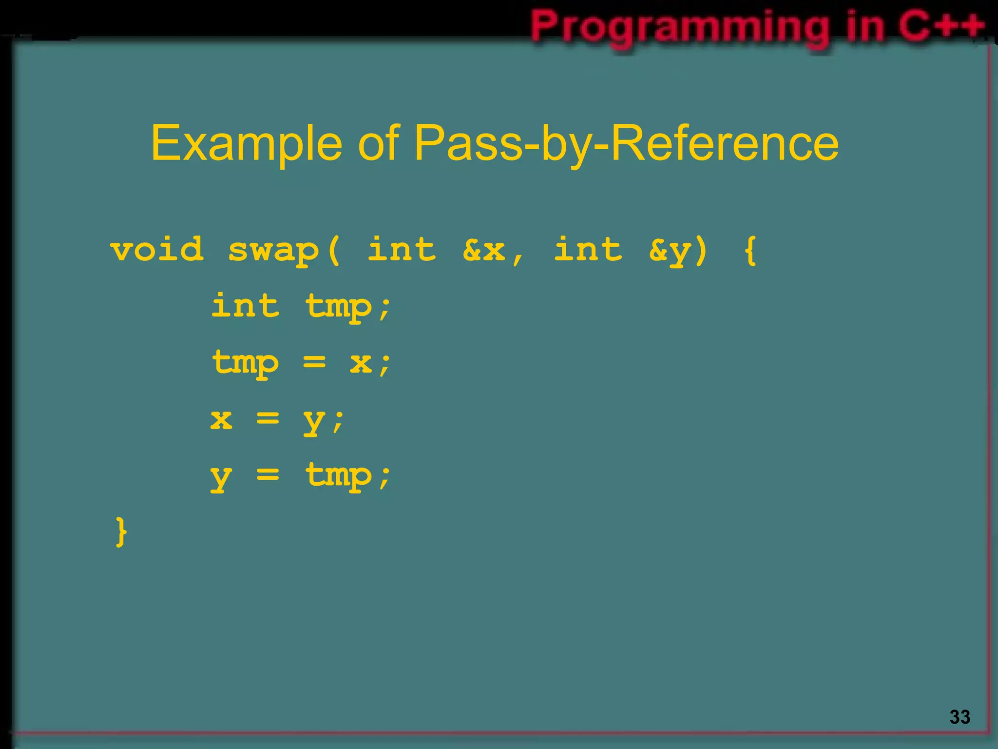 Example of Pass-by-Reference void swap( int &x, int &y) { int tmp; tmp = x; x = y; y = tmp; } 