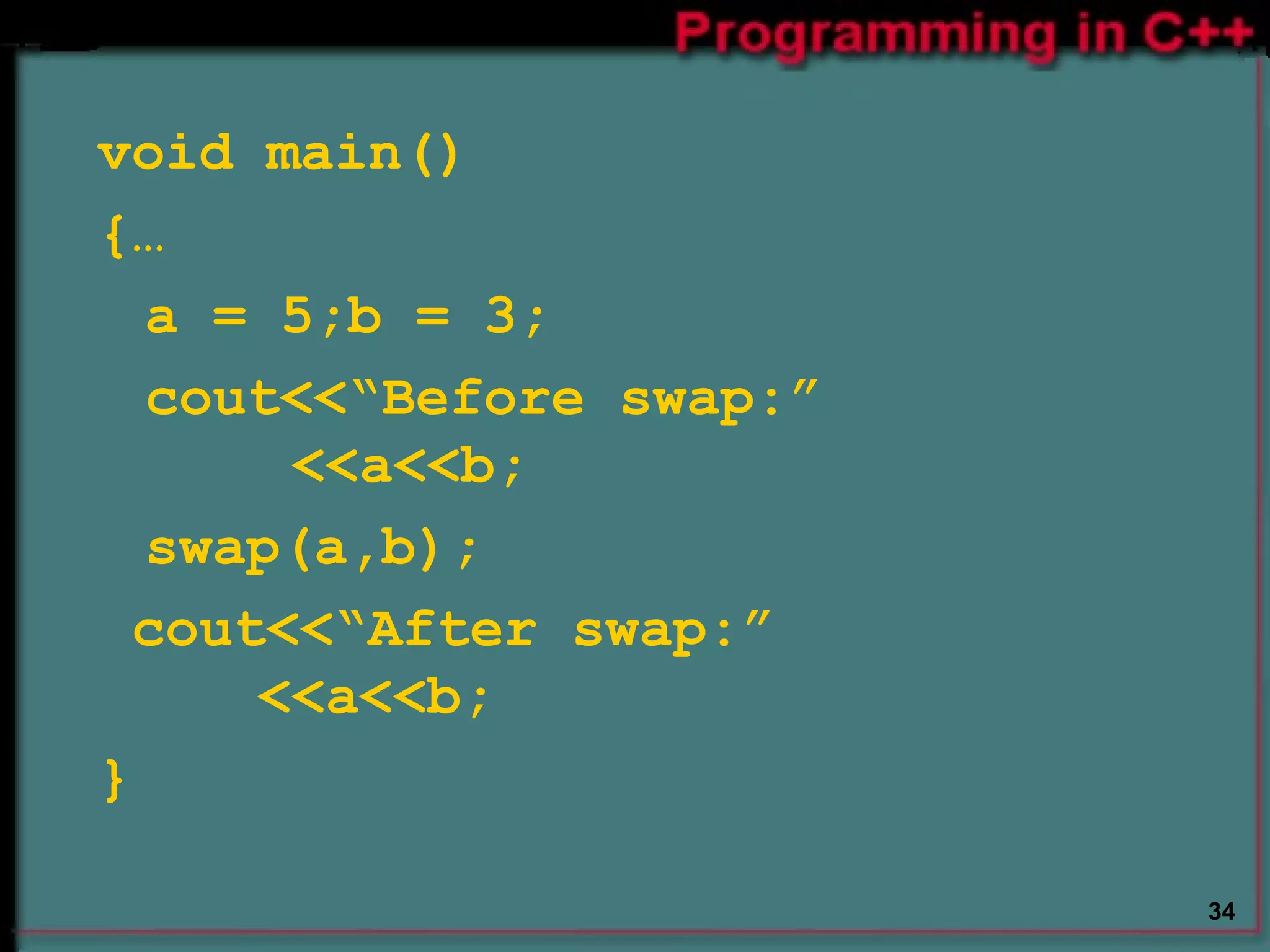 void main() {… a = 5;b = 3; cout<<“Before swap:”      <<a<<b; swap(a,b); cout<<“After swap:”    <<a<<b; } } 