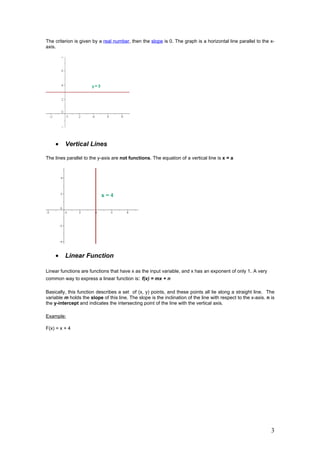The criterion is given by a real number, then the slope is 0. The graph is a horizontal line parallel to the x-
axis.




    •    Vertical Lines

The lines parallel to the y-axis are not functions. The equation of a vertical line is x = a




    •    Linear Function

Linear functions are functions that have x as the input variable, and x has an exponent of only 1. A very
common way to express a linear function is: f(x) = mx + n

Basically, this function describes a set of (x, y) points, and these points all lie along a straight line. The
variable m holds the slope of this line. The slope is the inclination of the line with respect to the x-axis. n is
the y-intercept and indicates the intersecting point of the line with the vertical axis.

Example:

F(x) = x + 4




                                                                                                                3
 