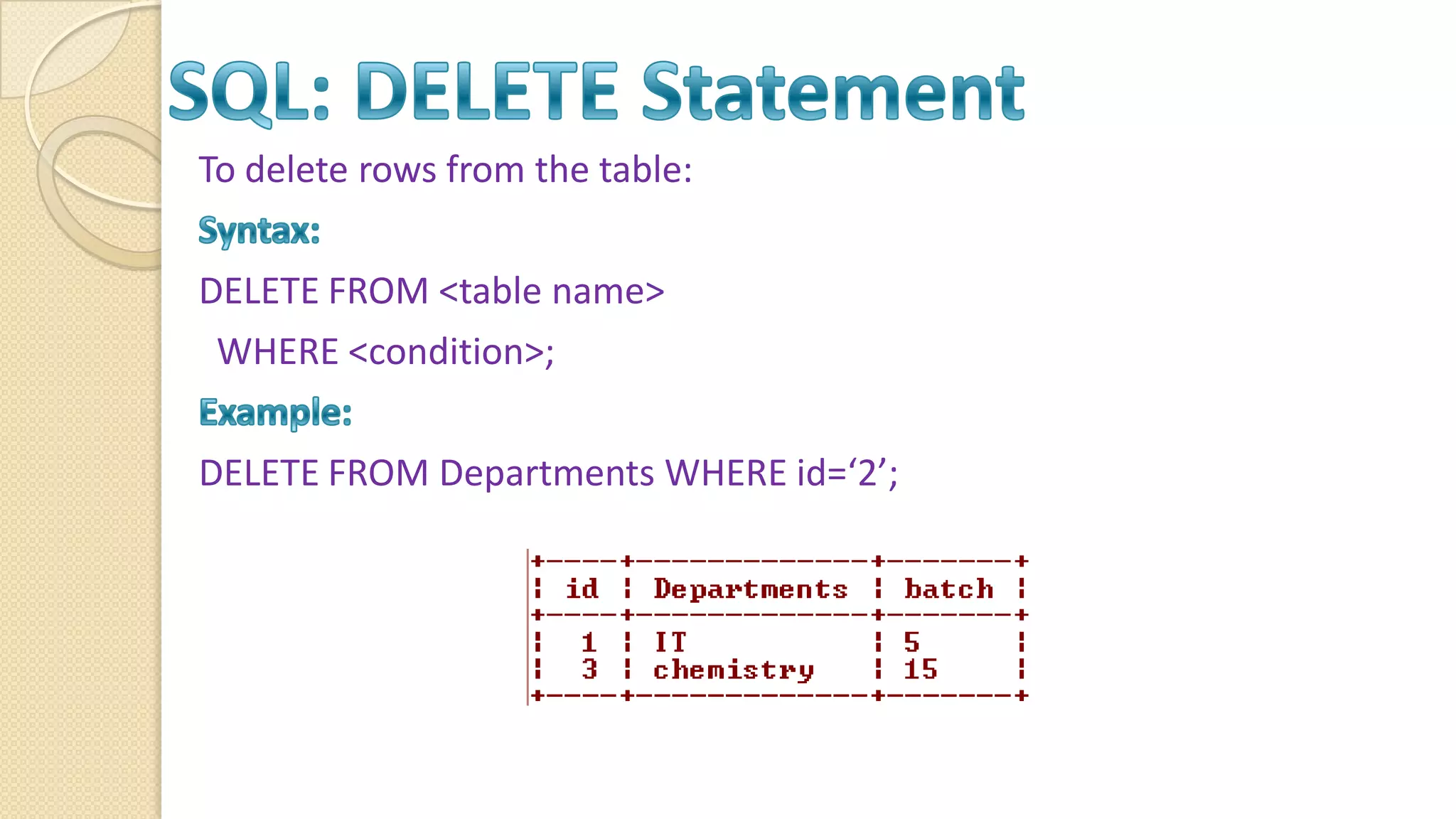To delete rows from the table: DELETE FROM <table name> WHERE <condition>; DELETE FROM Departments WHERE id=‘2’; 