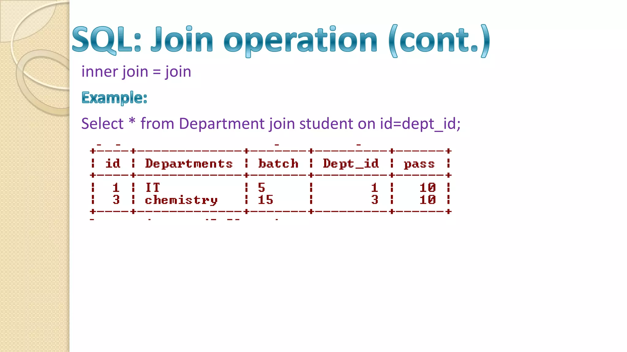 inner join = join Select * from Department join student on id=dept_id; 