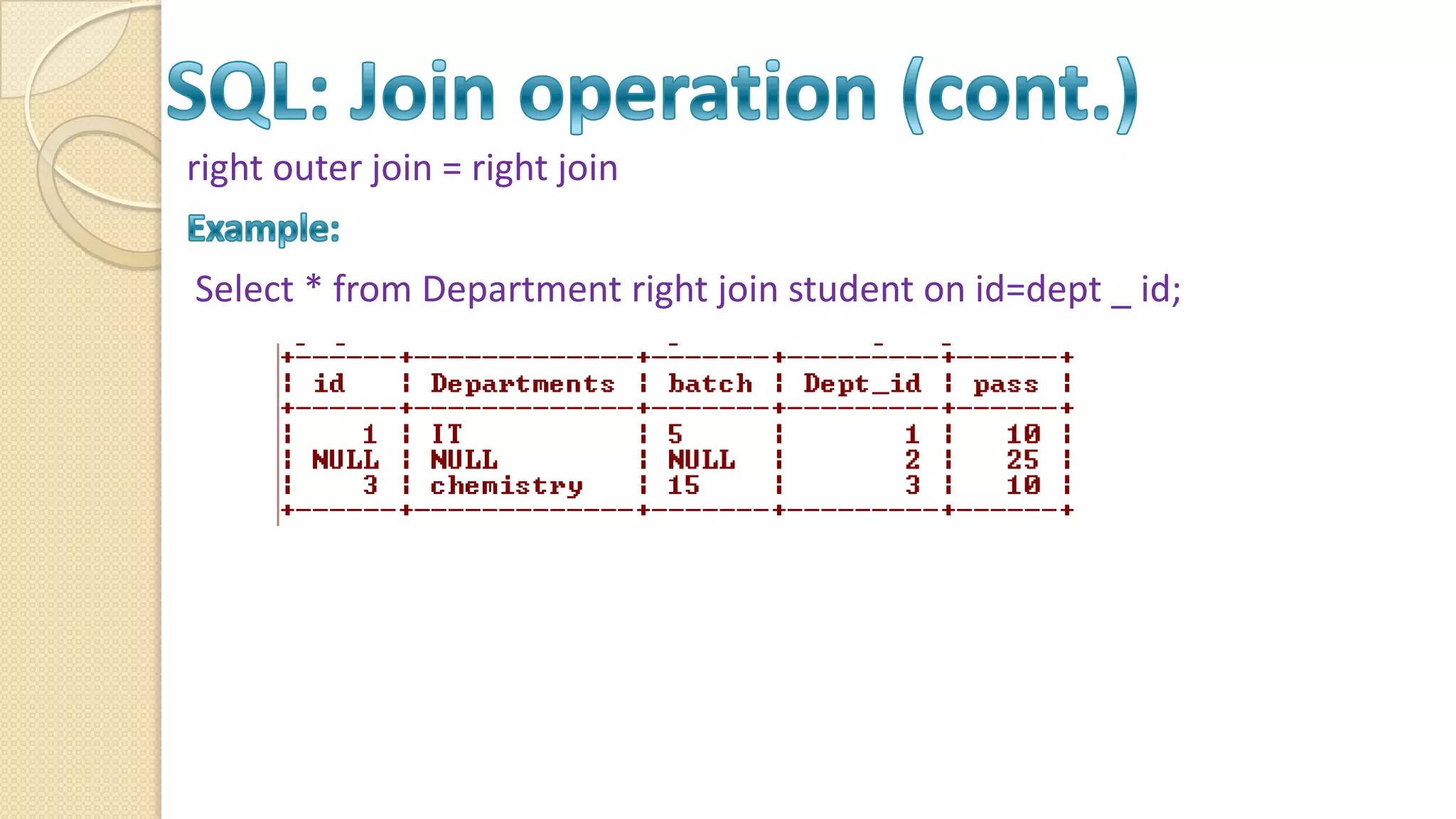 right outer join = right join Select * from Department right join student on id=dept _ id; 