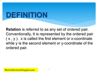 Relation is referred to as any set of ordered pair.
Conventionally, It is represented by the ordered pair
( x , y ). x is called the first element or x-coordinate
while y is the second element or y-coordinate of the
ordered pair.
DEFINITION
3
Basic2advanced.blogspot.com
 
