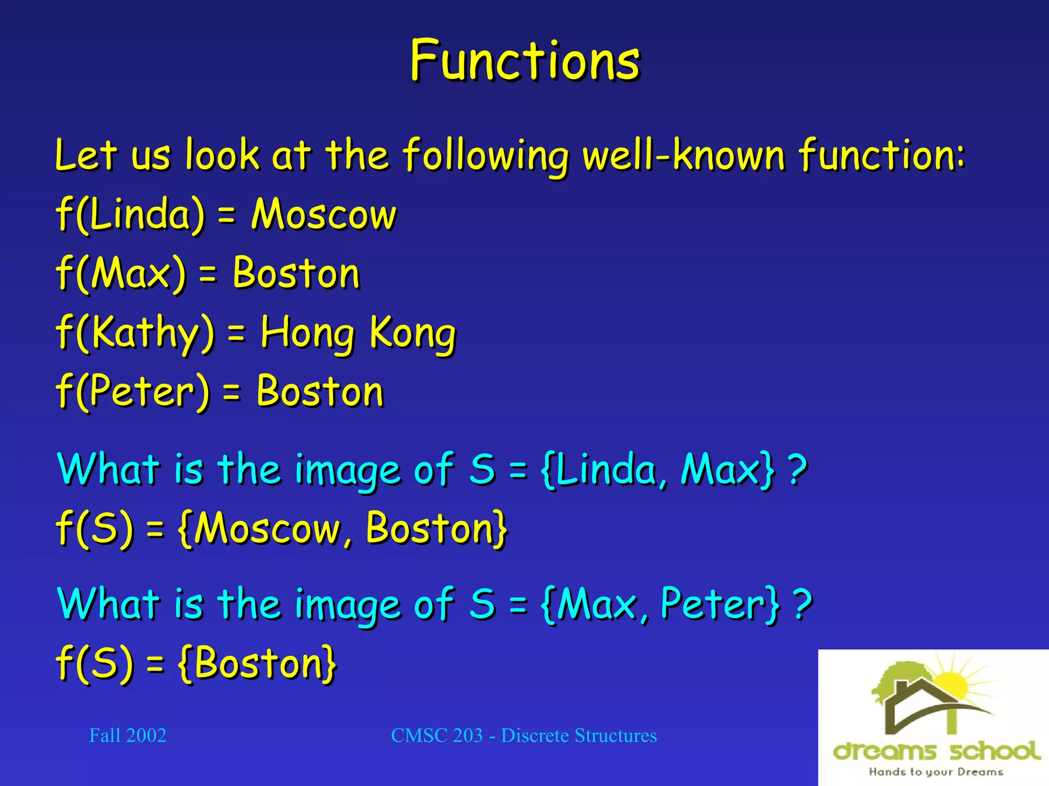 Fall 2002 CMSC 203 - Discrete Structures 11
FunctionsFunctions
Let us look at the following well-known function:Let us look at the following well-known function:
f(Linda) = Moscowf(Linda) = Moscow
f(Max) = Bostonf(Max) = Boston
f(Kathy) = Hong Kongf(Kathy) = Hong Kong
f(Peter) = Bostonf(Peter) = Boston
What is the image of S = {Linda, Max} ?What is the image of S = {Linda, Max} ?
f(S) = {Moscow, Boston}f(S) = {Moscow, Boston}
What is the image of S = {Max, Peter} ?What is the image of S = {Max, Peter} ?
f(S) = {Boston}f(S) = {Boston}
 