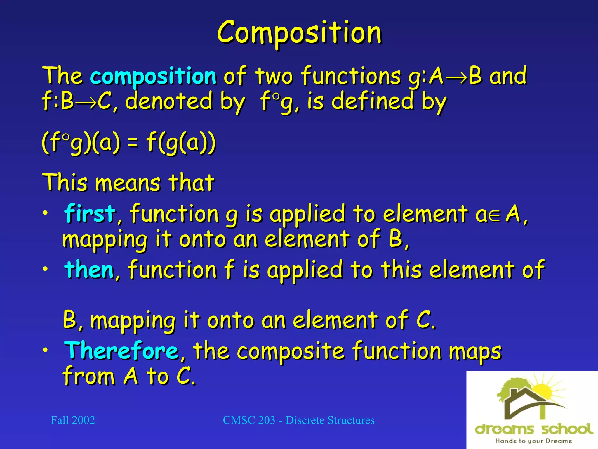 Fall 2002 CMSC 203 - Discrete Structures 27
CompositionComposition
TheThe compositioncomposition of two functions g:Aof two functions g:A→→B andB and
f:Bf:B→→C, denoted by fC, denoted by f°°g, is defined byg, is defined by
(f(f°°g)(a) = f(g(a))g)(a) = f(g(a))
This means thatThis means that
• firstfirst, function g is applied to element a, function g is applied to element a∈∈A,A,
mapping it onto an element of B,mapping it onto an element of B,
• thenthen, function f is applied to this element of, function f is applied to this element of
B, mapping it onto an element of C.B, mapping it onto an element of C.
• ThereforeTherefore, the composite function maps, the composite function maps
from A to C.from A to C.
 