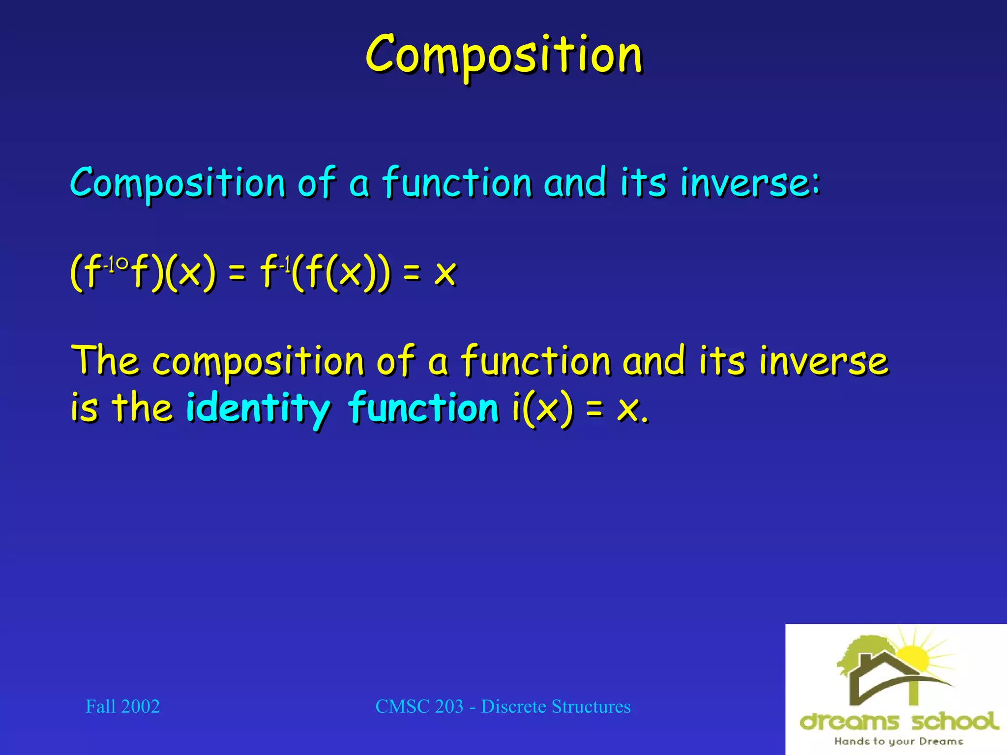 Fall 2002 CMSC 203 - Discrete Structures 29
CompositionComposition
Composition of a function and its inverse:Composition of a function and its inverse:
(f(f-1-1
°°f)(x) = ff)(x) = f-1-1
(f(x)) = x(f(x)) = x
The composition of a function and its inverseThe composition of a function and its inverse
is theis the identity functionidentity function i(x) = x.i(x) = x.
 