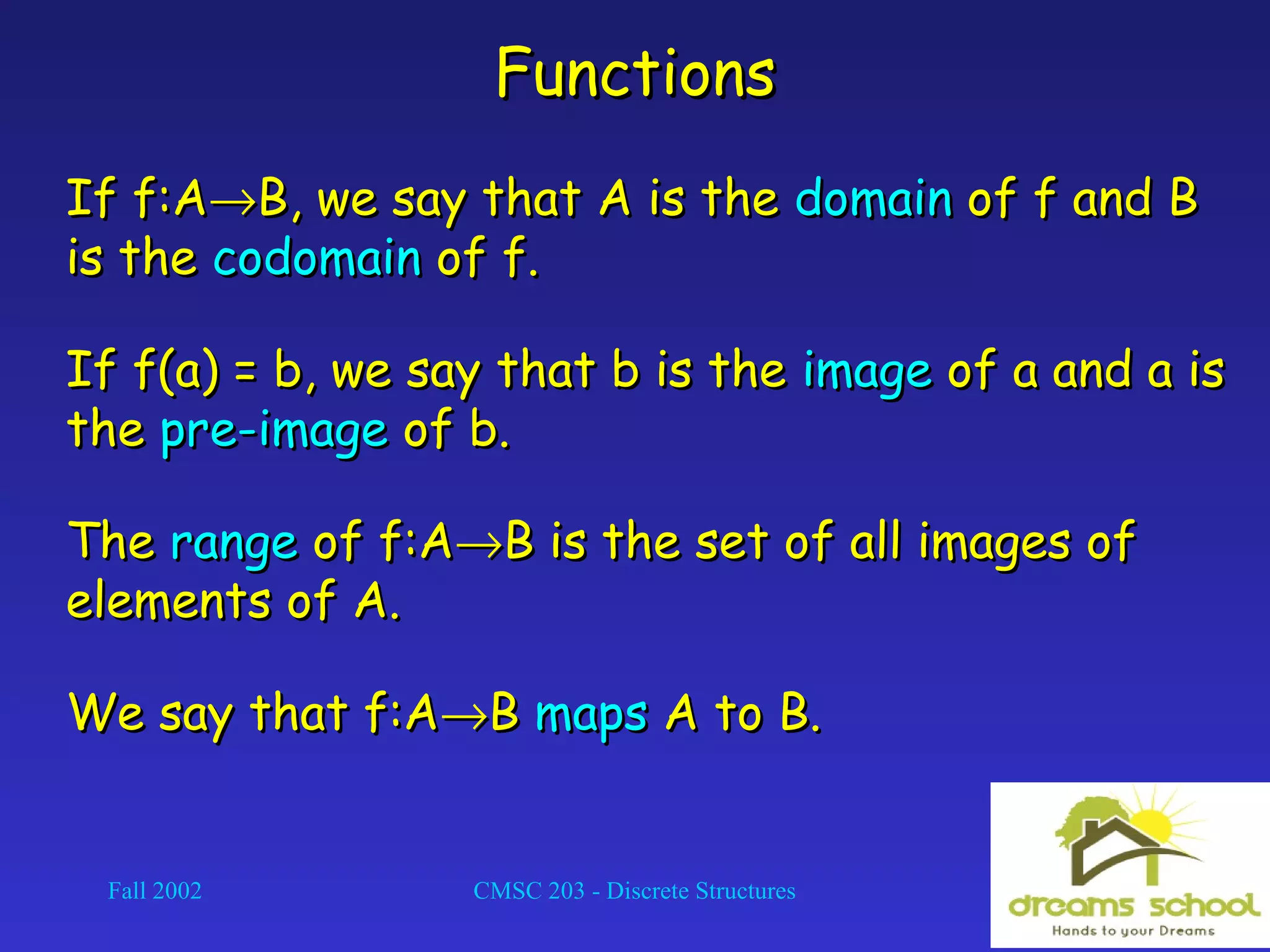 Fall 2002 CMSC 203 - Discrete Structures 4
FunctionsFunctions
If f:AIf f:A→→B, we say that A is theB, we say that A is the domaindomain of f and Bof f and B
is theis the codomaincodomain of f.of f.
If f(a) = b, we say that b is theIf f(a) = b, we say that b is the imageimage of a and a isof a and a is
thethe pre-imagepre-image of b.of b.
TheThe rangerange of f:Aof f:A→→B is the set of all images ofB is the set of all images of
elements of A.elements of A.
We say that f:AWe say that f:A→→BB mapsmaps A to B.A to B.
 