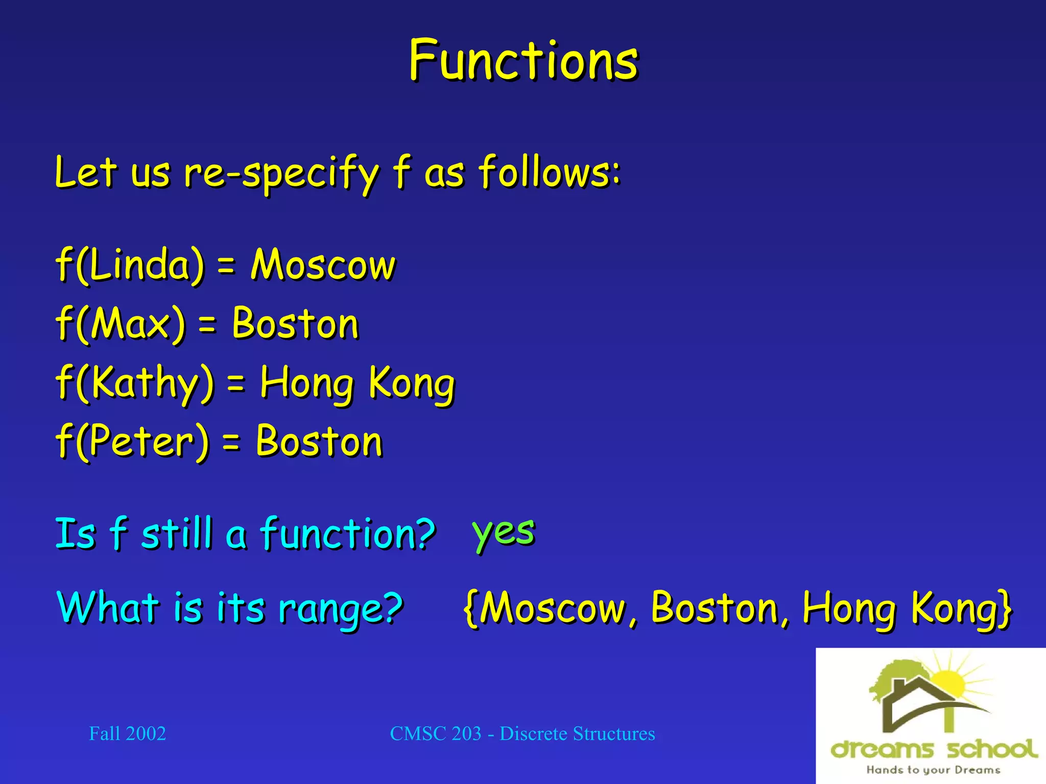 Fall 2002 CMSC 203 - Discrete Structures 6
FunctionsFunctions
Let us re-specify f as follows:Let us re-specify f as follows:
f(Linda) = Moscowf(Linda) = Moscow
f(Max) = Bostonf(Max) = Boston
f(Kathy) = Hong Kongf(Kathy) = Hong Kong
f(Peter) = Bostonf(Peter) = Boston
Is f still a function?Is f still a function? yesyes
{Moscow, Boston, Hong Kong}{Moscow, Boston, Hong Kong}What is its range?What is its range?
 