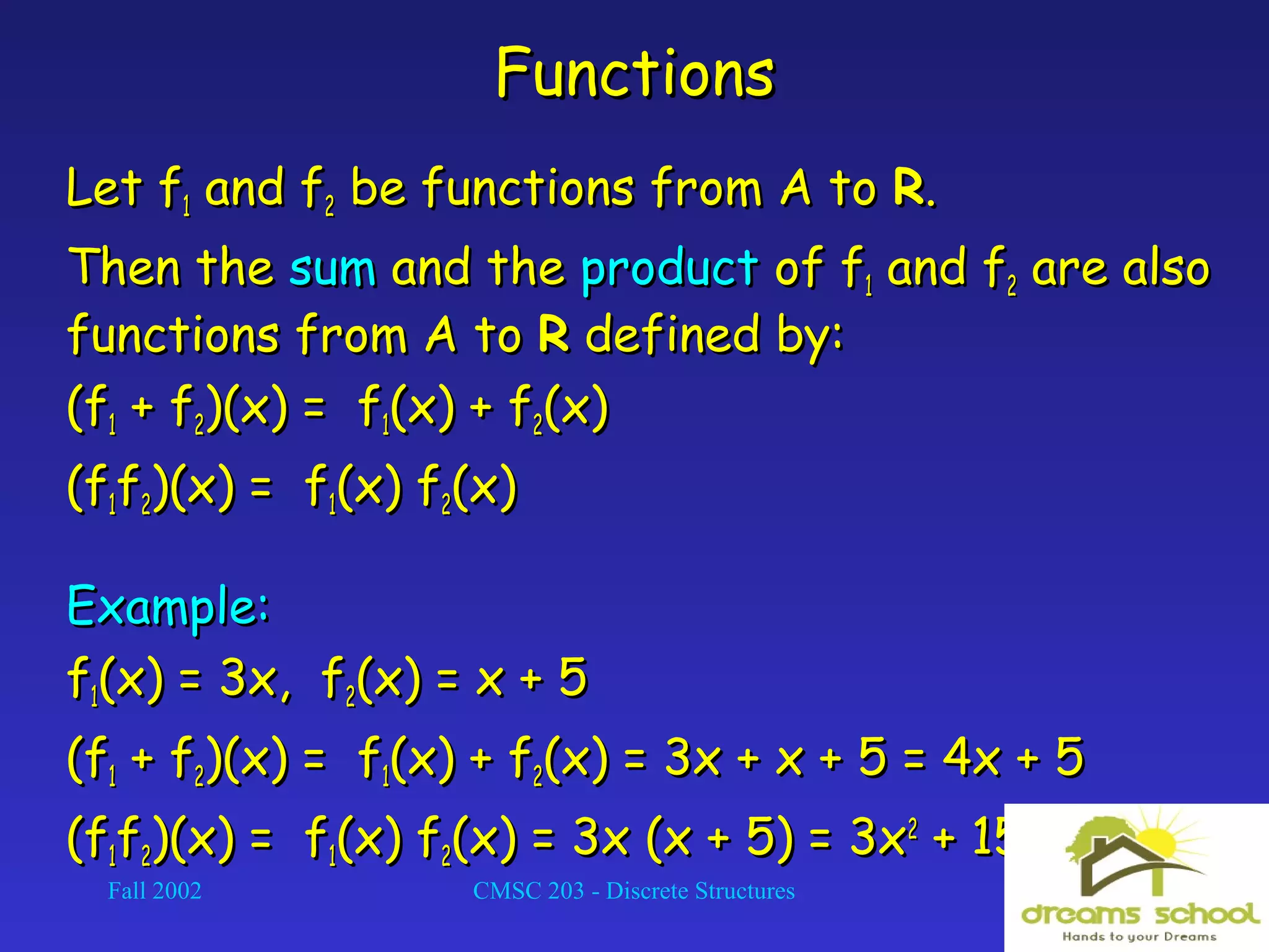 Fall 2002 CMSC 203 - Discrete Structures 9
FunctionsFunctions
Let fLet f11 and fand f22 be functions from A tobe functions from A to RR..
Then theThen the sumsum and theand the productproduct of fof f11 and fand f22 are alsoare also
functions from A tofunctions from A to RR defined by:defined by:
(f(f11 + f+ f22)(x) = f)(x) = f11(x) + f(x) + f22(x)(x)
(f(f11ff22)(x) = f)(x) = f11(x) f(x) f22(x)(x)
Example:Example:
ff11(x) = 3x, f(x) = 3x, f22(x) = x + 5(x) = x + 5
(f(f11 + f+ f22)(x) = f)(x) = f11(x) + f(x) + f22(x) = 3x + x + 5 = 4x + 5(x) = 3x + x + 5 = 4x + 5
(f(f11ff22)(x) = f)(x) = f11(x) f(x) f22(x) = 3x (x + 5) = 3x(x) = 3x (x + 5) = 3x22
+ 15x+ 15x
 
