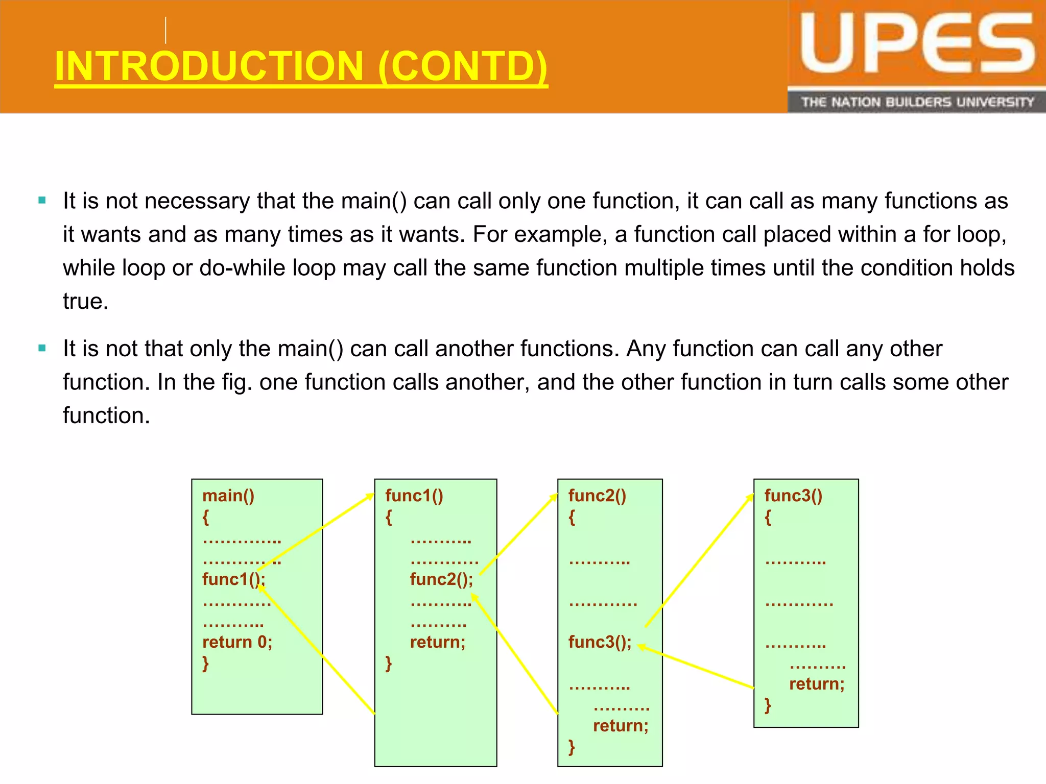 © 2015UPESJuly 2015 Department. Of Civil Engineering
INTRODUCTION (CONTD)
 It is not necessary that the main() can call only one function, it can call as many functions as
it wants and as many times as it wants. For example, a function call placed within a for loop,
while loop or do-while loop may call the same function multiple times until the condition holds
true.
 It is not that only the main() can call another functions. Any function can call any other
function. In the fig. one function calls another, and the other function in turn calls some other
function.
main()
{
…………..
…………..
func1();
…………
………..
return 0;
}
func1()
{
………..
…………
func2();
………..
……….
return;
}
func2()
{
………..
…………
func3();
………..
……….
return;
}
func3()
{
………..
…………
………..
……….
return;
}
 