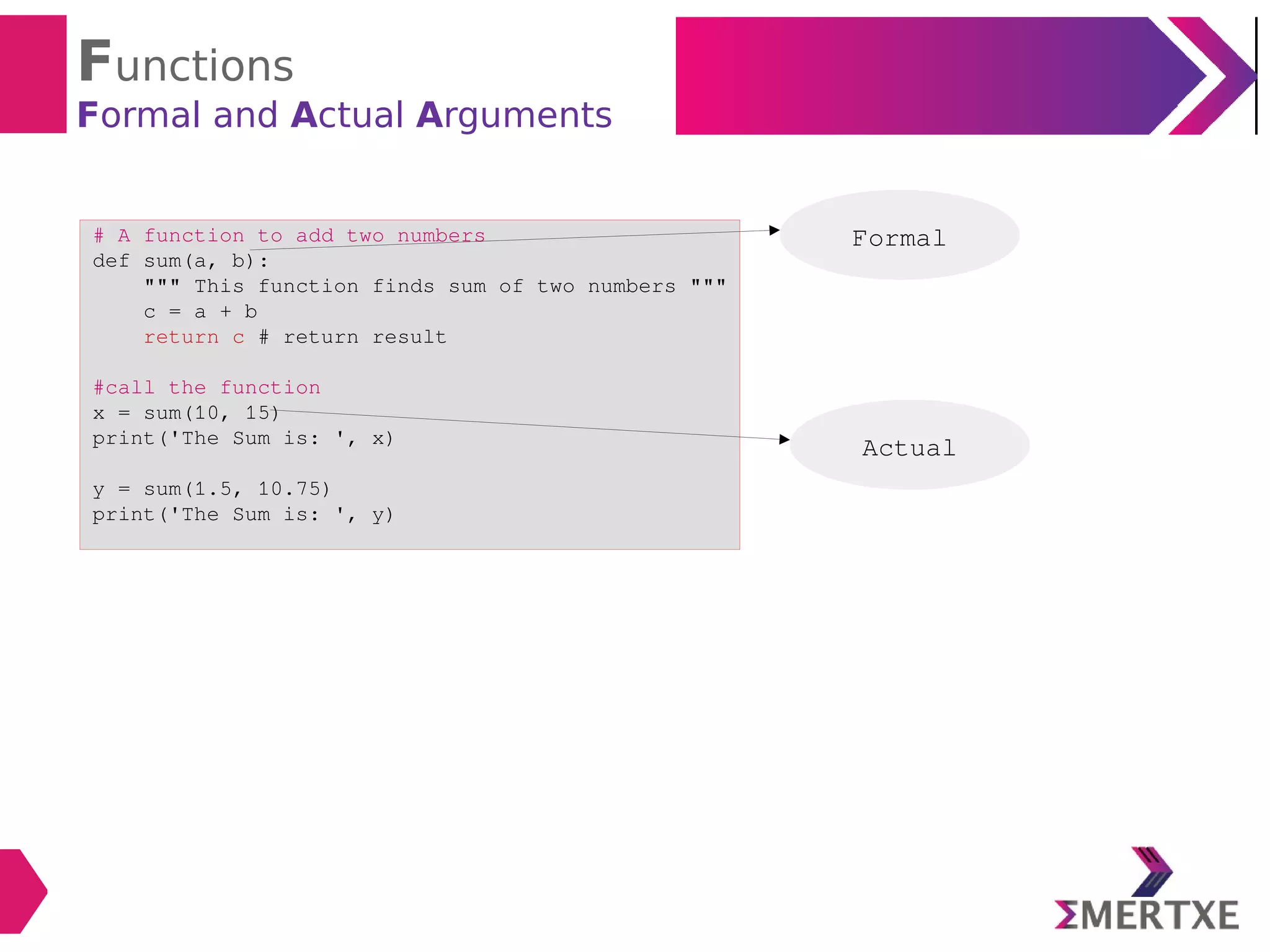 Functions
Formal and Actual Arguments
# A function to add two numbers
def sum(a, b):
""" This function finds sum of two numbers """
c = a + b
return c # return result
#call the function
x = sum(10, 15)
print('The Sum is: ', x)
y = sum(1.5, 10.75)
print('The Sum is: ', y)
Actual
Formal
 