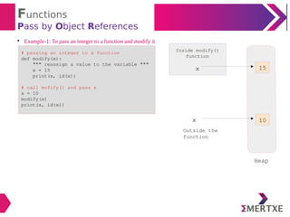 Functions
Pass by Object References

Example-1: To pass an integer to a function and modify it
# passing an integer to a function
def modify(x):
""" reassign a value to the variable """
x = 15
print(x, id(x))
# call mofify() and pass x
x = 10
modify(x)
print(x, id(x))
Inside modify()
function
x 15
10x
Outside the
function
Heap
 