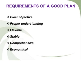 REQUIREMENTS OF A GOOD PLAN
Clear objective
Proper understanding
Flexible
Stable
Comprehensive
Economical
 