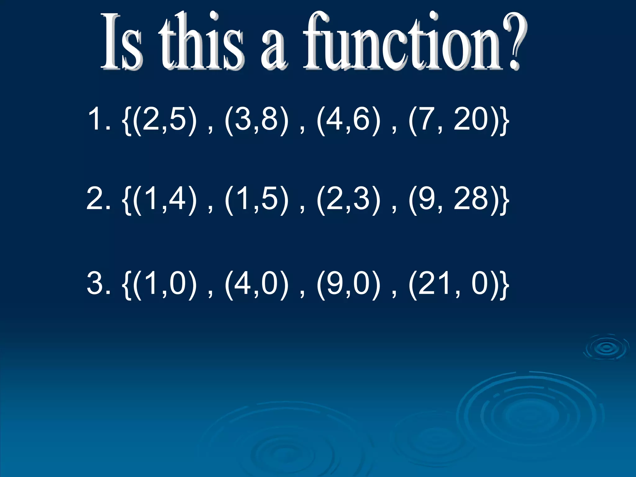 1. {(2,5) , (3,8) , (4,6) , (7, 20)}
2. {(1,4) , (1,5) , (2,3) , (9, 28)}
3. {(1,0) , (4,0) , (9,0) , (21, 0)}
 