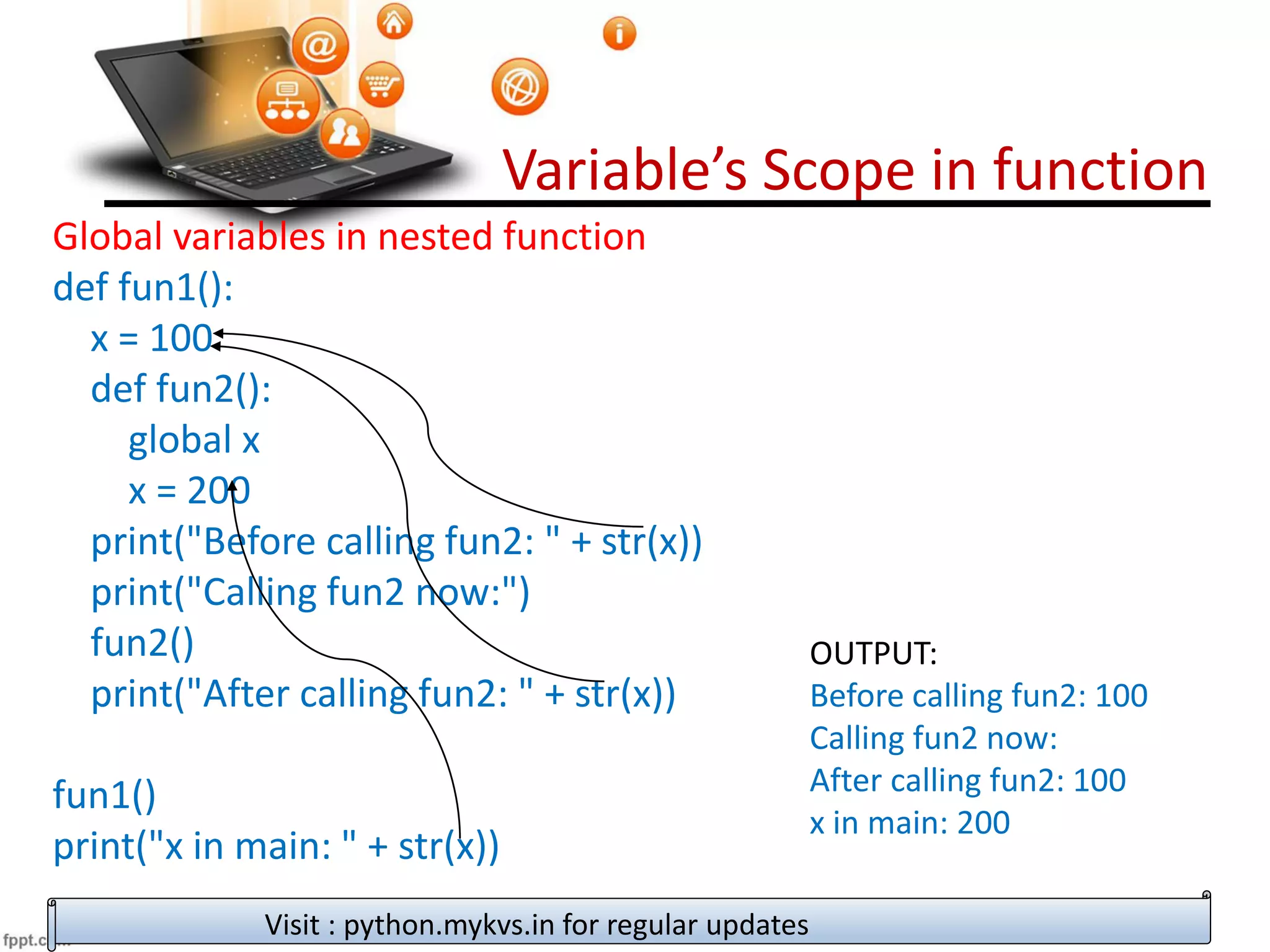 Variable’s Scope in function
Visit : python.mykvs.in for regular updates
Global variables in nested function
def fun1():
x = 100
def fun2():
global x
x = 200
print("Before calling fun2: " + str(x))
print("Calling fun2 now:")
fun2()
print("After calling fun2: " + str(x))
fun1()
print("x in main: " + str(x))
OUTPUT:
Before calling fun2: 100
Calling fun2 now:
After calling fun2: 100
x in main: 200
 