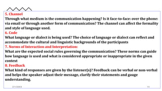 5. Channel
Through what medium is the communication happening? Is it face-to-face: over the phone:
via email or through another form of communication? The channel can affect the formality
and style of language used.
6. Code
What language or dialect is being used? The choice of language or dialect can reflect and
accommodate the cultural and linguistic backgrounds of the participants
7. Norms of Interaction and Interpretation:
What are the expected social rules governing the communication? These norms can guide
how language is used and what is considered appropriate or inappropriate in the given
context
8. Feedback
What kind of responses are given by the listener(s)? Feedback can be verbal or non-verbal
and helps the speaker adjust their message, clarify their statements and gauge
understanding.
2/1/20XX 15
 