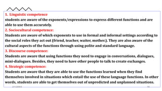 1. Linguistic competence
students are aware of the exponents/expressions to express different functions and are
able to use them accurately.
2. Sociocultural competence:
Students are aware of which exponents to use in formal and informal settings according to
the social roles they act out (friend, teacher, waiter, mother.). They are also aware of the
cultural aspects of the functions through using polite and standard language.
3. Discourse competence:
Students are aware that using functions they need to engage in conversations, dialogues,
mini-dialogues. Besides, they need to have other people to talk to create exchanges.
4. Strategic competence:
Students are aware that they are able to use the functions learned when they find
themselves involved in situations which entail the use of these language functions. In other
words, students are able to get themselves out of unpredicted and unplanned situations.
2/1/20XX 18
 