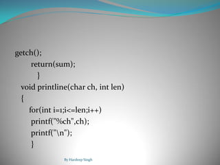 getch();
return(sum);
}
void printline(char ch, int len)
{
for(int i=1;i<=len;i++)
printf("%ch",ch);
printf("n");
}
By Hardeep Singh
 