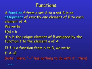 07/04/25 2
Functions
Functions
A
A function
function f from a set A to a set B is an
f from a set A to a set B is an
assignment
assignment of exactly one element of B to each
of exactly one element of B to each
element of A.
element of A.
We write
We write
f(a) = b
f(a) = b
if b is the unique element of B assigned by the
if b is the unique element of B assigned by the
function f to the element a of A.
function f to the element a of A.
If f is a function from A to B, we write
If f is a function from A to B, we write
f: A
f: A
B
B
(note: Here, “
(note: Here, “
“ has nothing to do with if… then)
“ has nothing to do with if… then)
 