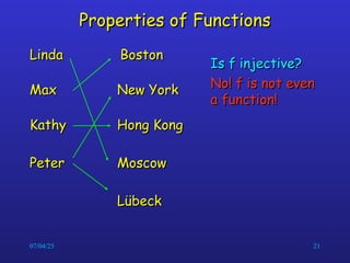 07/04/25 21
Properties of Functions
Properties of Functions
Is f injective?
Is f injective?
No! f is not even
No! f is not even
a function!
a function!
Linda
Linda
Max
Max
Kathy
Kathy
Peter
Peter
Boston
Boston
New York
New York
Hong Kong
Hong Kong
Moscow
Moscow
L
Lü
übeck
beck
 