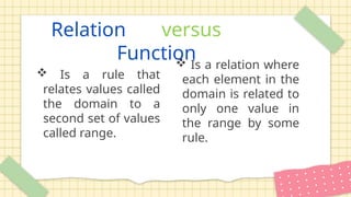 Relation versus
Function
 Is a rule that
relates values called
the domain to a
second set of values
called range.
 Is a relation where
each element in the
domain is related to
only one value in
the range by some
rule.
 
