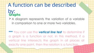 A function can be described
by:
Graphs
 A diagram represents the variation of a variable
in comparison to one or more two variables.
*** You can use the vertical line test to determine if
a graph is a function or not. In this method, if a
vertical line intersects the graph in all places at
exactly one point, then the relation is a function.
 