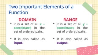 Two Important Elements of a
Function
DOMAIN
 it is a set of all x –
coordinates in the
set of ordered pairs.
 It is also called as
input.
RANGE
 it is a set of all y –
coordinates in the
set of ordered pairs.
 It is also called as
output.
 