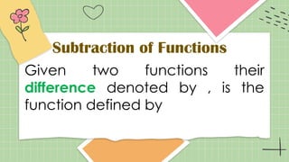 Given two functions their
difference denoted by , is the
function defined by
Subtraction of Functions
 