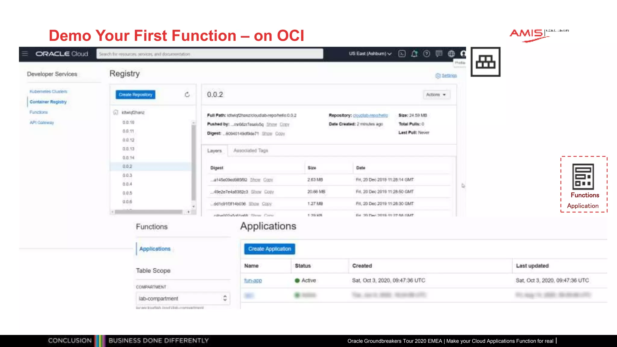 Demo Your First Function – on OCI
Oracle Groundbreakers Tour 2020 EMEA | Make your Cloud Applications Function for real
Functions
Application
 