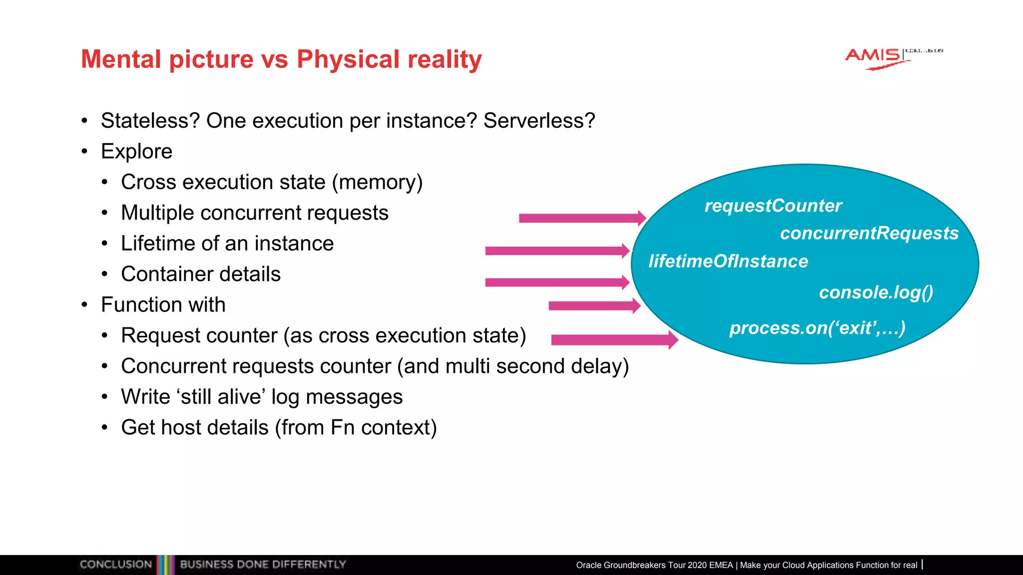 Mental picture vs Physical reality
• Stateless? One execution per instance? Serverless?
• Explore
• Cross execution state (memory)
• Multiple concurrent requests
• Lifetime of an instance
• Container details
• Function with
• Request counter (as cross execution state)
• Concurrent requests counter (and multi second delay)
• Write ‘still alive’ log messages
• Get host details (from Fn context)
Oracle Groundbreakers Tour 2020 EMEA | Make your Cloud Applications Function for real
requestCounter
concurrentRequests
lifetimeOfInstance
process.on(‘exit’,…)
console.log()
 