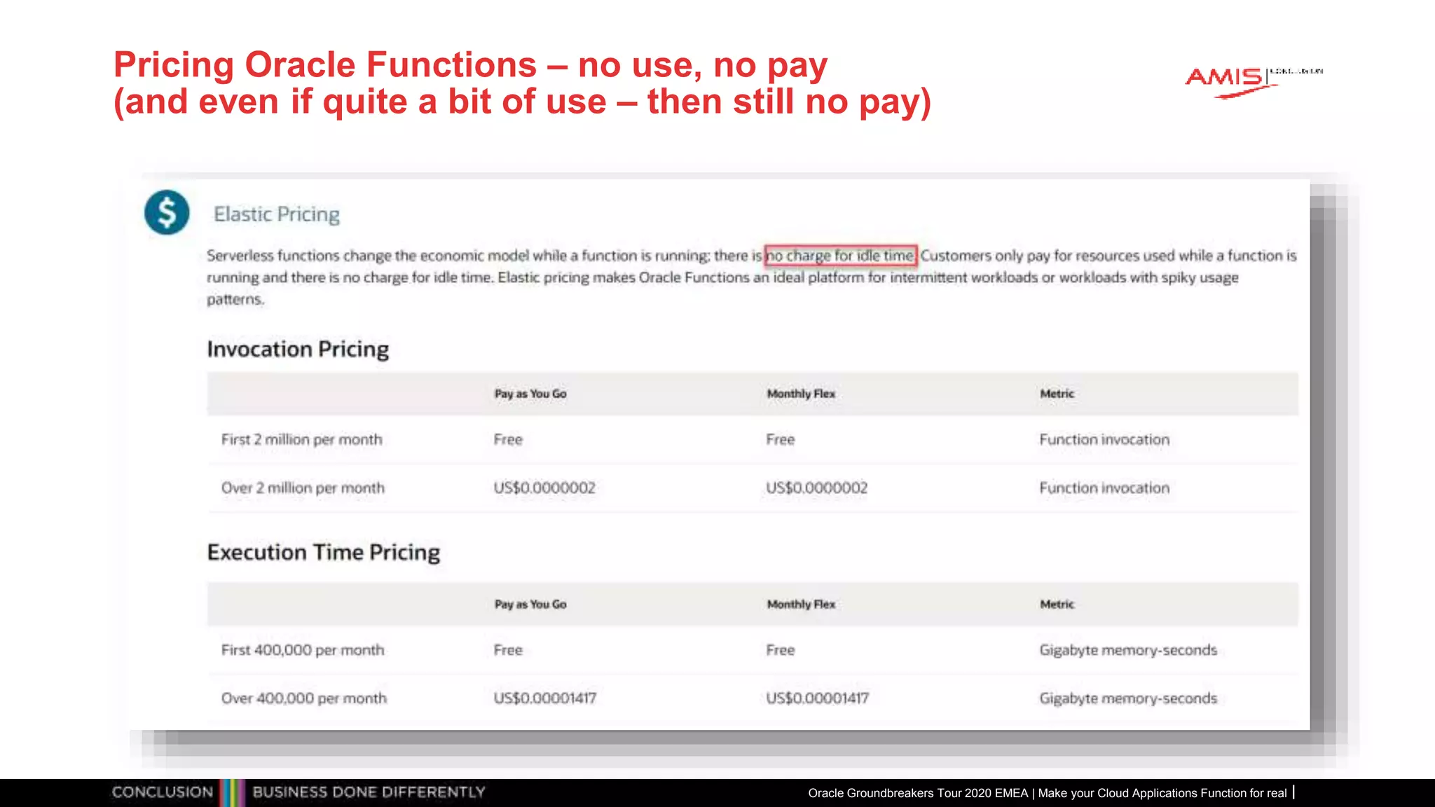 Oracle Groundbreakers Tour 2020 EMEA | Make your Cloud Applications Function for real
Pricing Oracle Functions – no use, no pay
(and even if quite a bit of use – then still no pay)
 