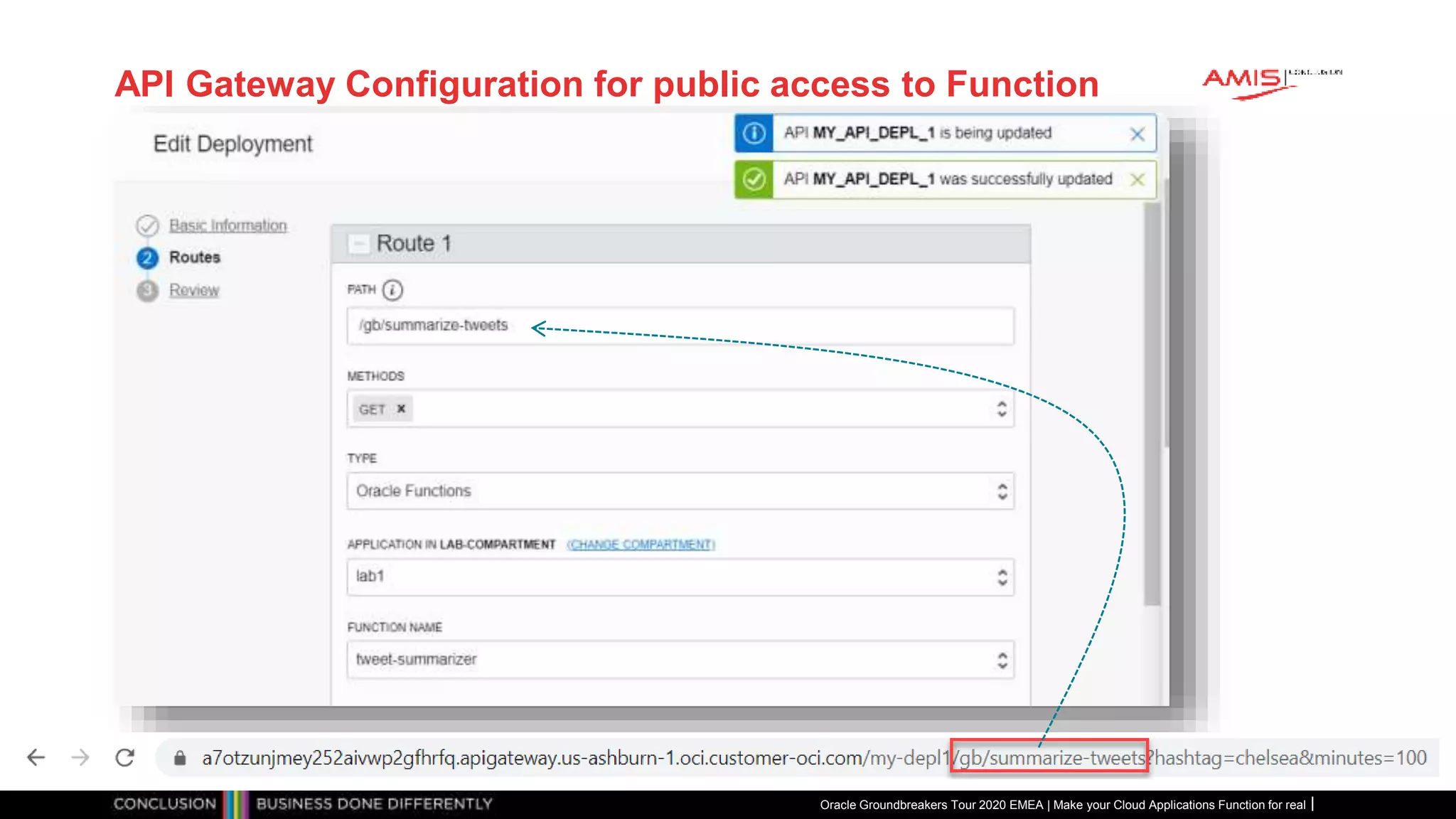 API Gateway Configuration for public access to Function
Oracle Groundbreakers Tour 2020 EMEA | Make your Cloud Applications Function for real
 