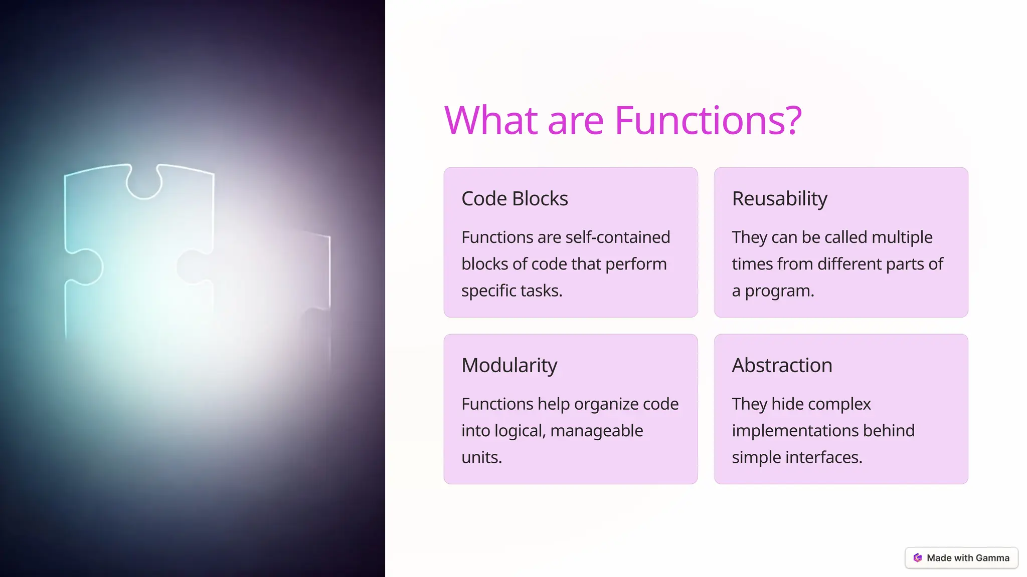 What are Functions?
Code Blocks
Functions are self-contained
blocks of code that perform
specific tasks.
Reusability
They can be called multiple
times from different parts of
a program.
Modularity
Functions help organize code
into logical, manageable
units.
Abstraction
They hide complex
implementations behind
simple interfaces.
 