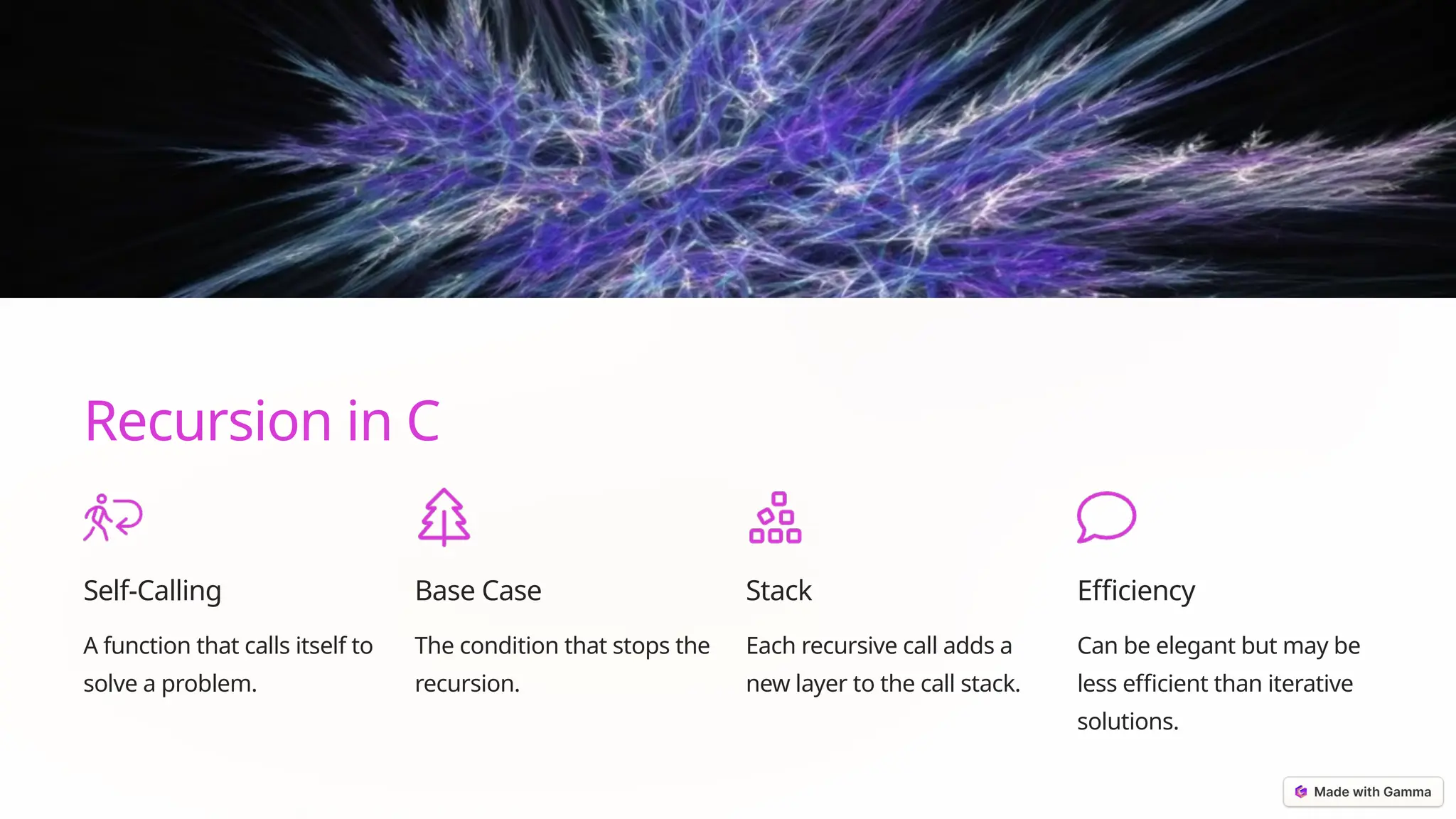 Recursion in C
Self-Calling
A function that calls itself to
solve a problem.
Base Case
The condition that stops the
recursion.
Stack
Each recursive call adds a
new layer to the call stack.
Efficiency
Can be elegant but may be
less efficient than iterative
solutions.
 