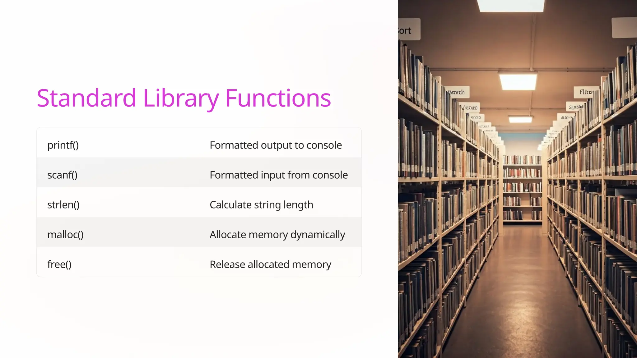 Standard Library Functions
printf() Formatted output to console
scanf() Formatted input from console
strlen() Calculate string length
malloc() Allocate memory dynamically
free() Release allocated memory
 