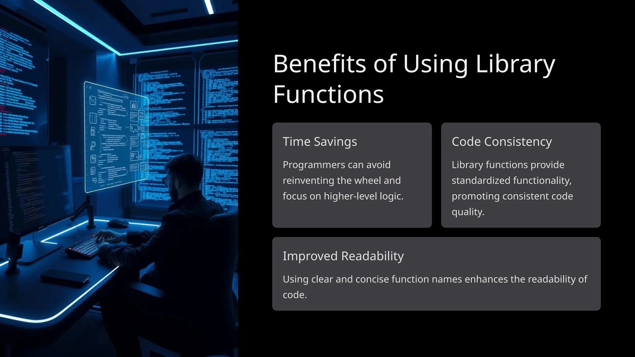 Benefits of Using Library
Functions
Time Savings
Programmers can avoid
reinventing the wheel and
focus on higher-level logic.
Code Consistency
Library functions provide
standardized functionality,
promoting consistent code
quality.
Improved Readability
Using clear and concise function names enhances the readability of
code.
 