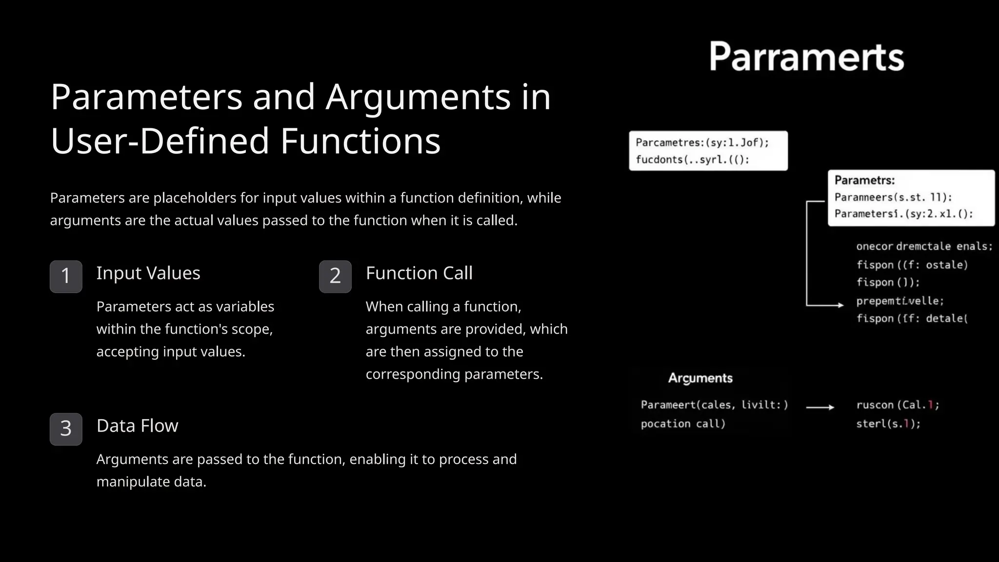 Parameters and Arguments in
User-Defined Functions
Parameters are placeholders for input values within a function definition, while
arguments are the actual values passed to the function when it is called.
1 Input Values
Parameters act as variables
within the function's scope,
accepting input values.
2 Function Call
When calling a function,
arguments are provided, which
are then assigned to the
corresponding parameters.
3 Data Flow
Arguments are passed to the function, enabling it to process and
manipulate data.
 