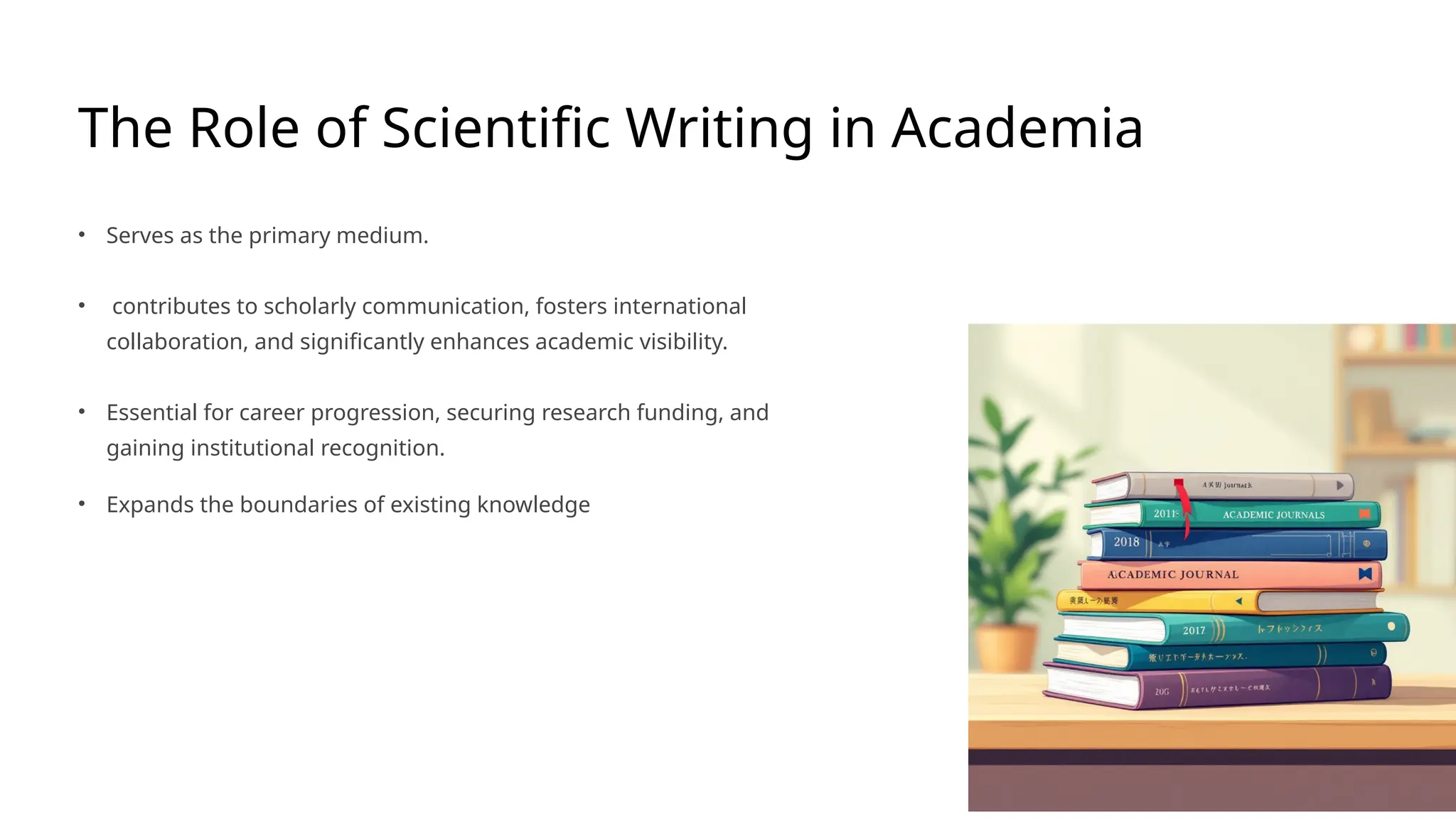 The Role of Scientific Writing in Academia
• Serves as the primary medium.
• contributes to scholarly communication, fosters international
collaboration, and significantly enhances academic visibility.
• Essential for career progression, securing research funding, and
gaining institutional recognition.
• Expands the boundaries of existing knowledge
 