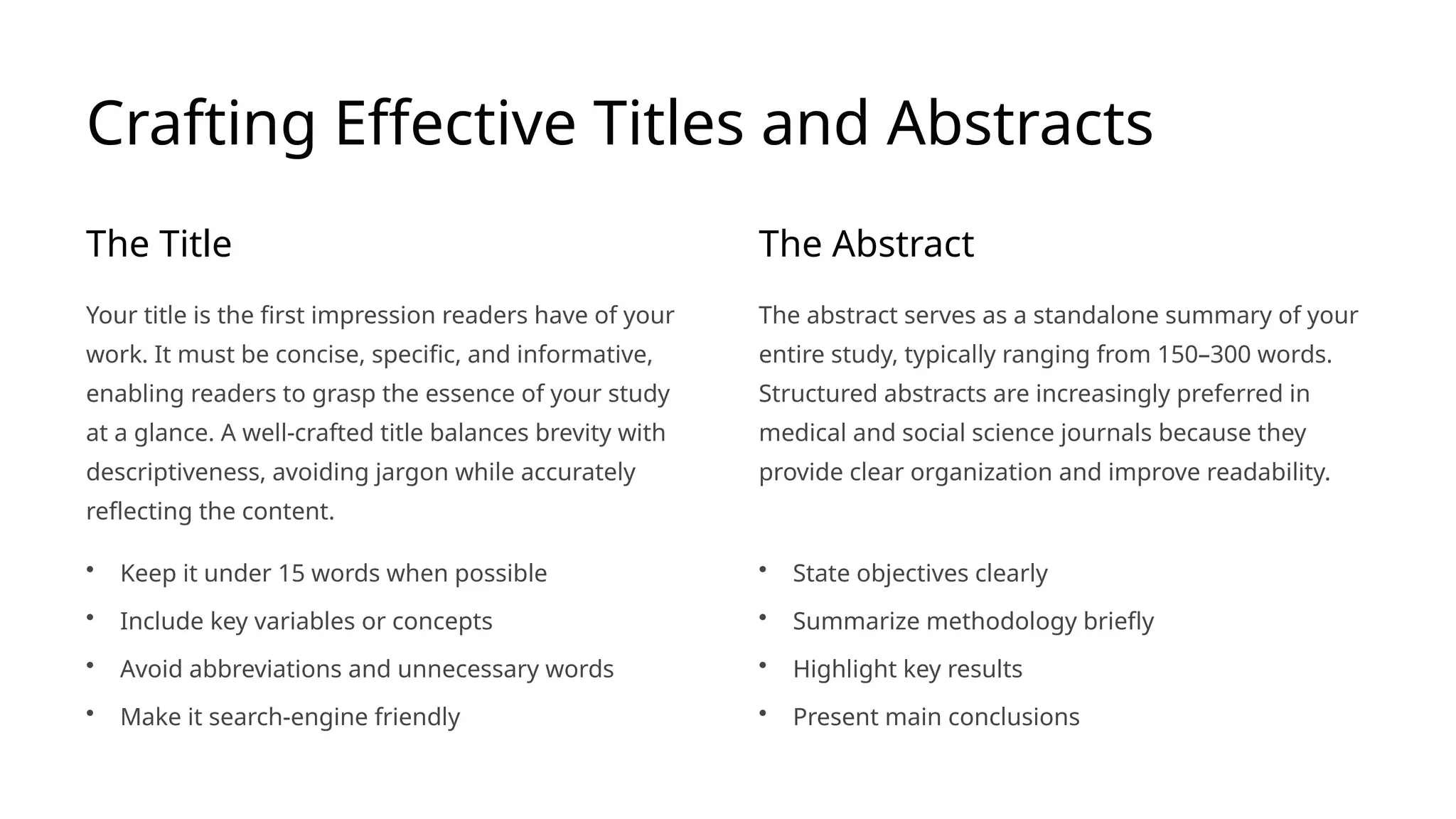 Crafting Effective Titles and Abstracts
The Title
Your title is the first impression readers have of your
work. It must be concise, specific, and informative,
enabling readers to grasp the essence of your study
at a glance. A well-crafted title balances brevity with
descriptiveness, avoiding jargon while accurately
reflecting the content.
• Keep it under 15 words when possible
• Include key variables or concepts
• Avoid abbreviations and unnecessary words
• Make it search-engine friendly
The Abstract
The abstract serves as a standalone summary of your
entire study, typically ranging from 150–300 words.
Structured abstracts are increasingly preferred in
medical and social science journals because they
provide clear organization and improve readability.
• State objectives clearly
• Summarize methodology briefly
• Highlight key results
• Present main conclusions
 