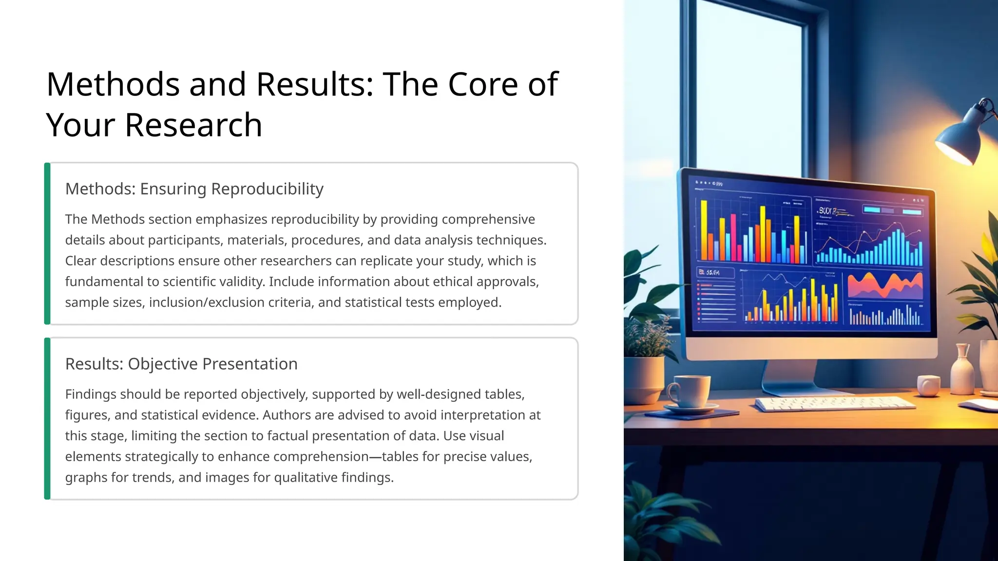 Methods and Results: The Core of
Your Research
Methods: Ensuring Reproducibility
The Methods section emphasizes reproducibility by providing comprehensive
details about participants, materials, procedures, and data analysis techniques.
Clear descriptions ensure other researchers can replicate your study, which is
fundamental to scientific validity. Include information about ethical approvals,
sample sizes, inclusion/exclusion criteria, and statistical tests employed.
Results: Objective Presentation
Findings should be reported objectively, supported by well-designed tables,
figures, and statistical evidence. Authors are advised to avoid interpretation at
this stage, limiting the section to factual presentation of data. Use visual
elements strategically to enhance comprehension—tables for precise values,
graphs for trends, and images for qualitative findings.
 