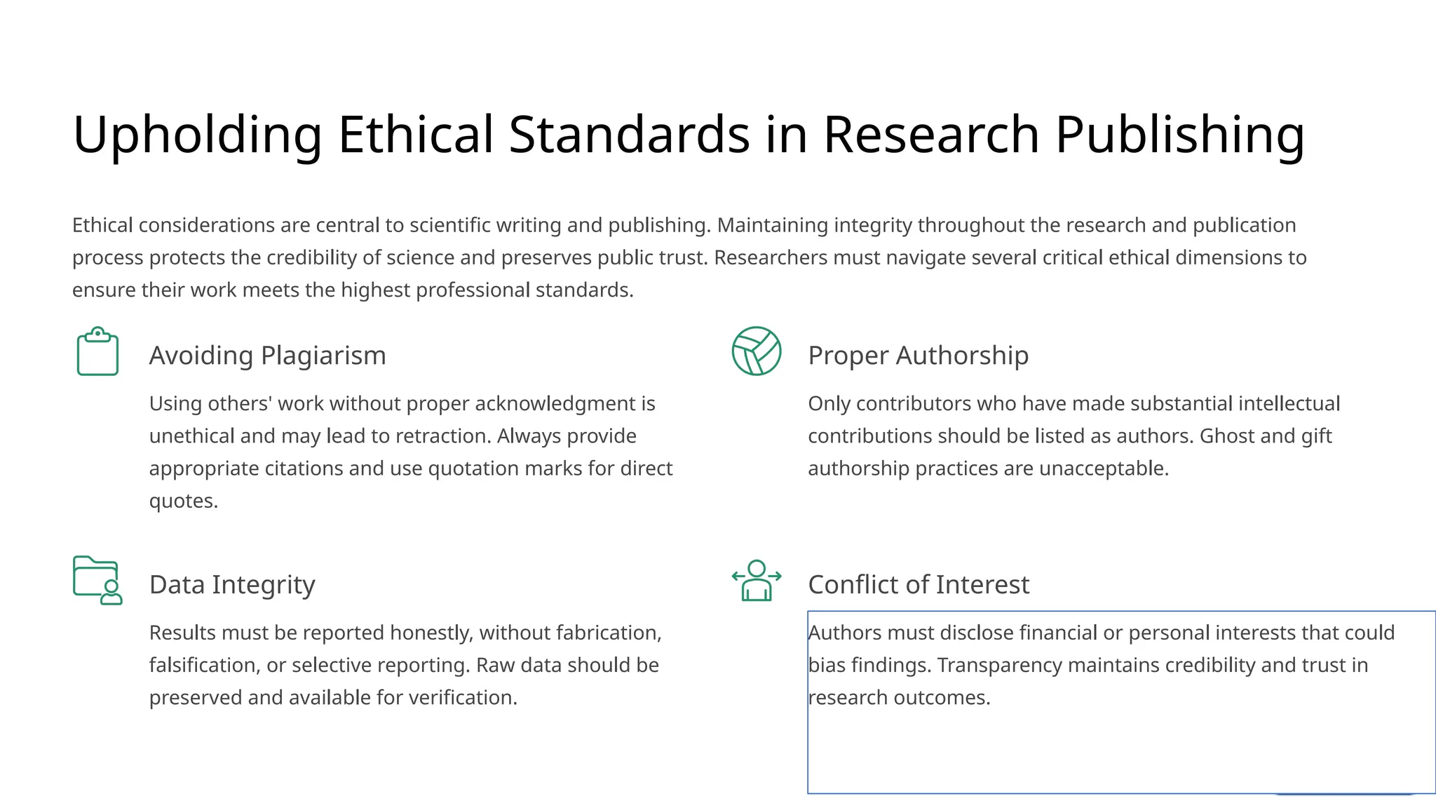 Upholding Ethical Standards in Research Publishing
Ethical considerations are central to scientific writing and publishing. Maintaining integrity throughout the research and publication
process protects the credibility of science and preserves public trust. Researchers must navigate several critical ethical dimensions to
ensure their work meets the highest professional standards.
Avoiding Plagiarism
Using others' work without proper acknowledgment is
unethical and may lead to retraction. Always provide
appropriate citations and use quotation marks for direct
quotes.
Proper Authorship
Only contributors who have made substantial intellectual
contributions should be listed as authors. Ghost and gift
authorship practices are unacceptable.
Data Integrity
Results must be reported honestly, without fabrication,
falsification, or selective reporting. Raw data should be
preserved and available for verification.
Conflict of Interest
Authors must disclose financial or personal interests that could
bias findings. Transparency maintains credibility and trust in
research outcomes.
 