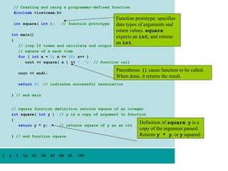 // Creating and using a programmer-defined function.
        #include <iostream.h>
                                                          Function prototype: specifies
        int square( int );        // function prototype   data types of arguments and
                                                          return values. square
     int main()
                                                          expects an int, and returns
     {
                                                          an int.
        // loop 10 times and calculate and output
        // square of x each time
        for ( int x = 1; x <= 10; x++ )
           cout << square( x ) << " "; // function call

                                                          Parentheses () cause function to be called.
          cout << endl;
                                                          When done, it returns the result.
          return 0;    // indicates successful termination

     } // end main


     // square function definition returns square of an integer
     int square( int y ) // y is a copy of argument to function
     {
        return y * y;     // returns square of y as an int
                                                             Definition         of square. y is a
                                                                     copy of the argument passed.
     } // end function square                                        Returns y * y, or y squared.



1   4    9   16   25   36   49   64   81   100
 