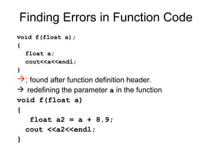 Finding Errors in Function Code
void f(float a);
{
  float a;
  cout<<a<<endl;
}
; found after function definition header.
 redefining the parameter a in the function
void f(float a)
{
   float a2 = a + 8.9;
  cout <<a2<<endl;
}
 