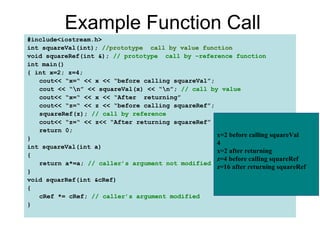 Example Function Call
#include<iostream.h>
int squareVal(int); //prototype call by value function
void squareRef(int &); // prototype call by –reference function
int main()
{ int x=2; z=4;
   cout<< “x=“ << x << “before calling squareVal”;
   cout << “n” << squareVal(x) << “n”; // call by value
   cout<< “x=“ << x << “After returning”
   cout<< “z=“ << z << “before calling squareRef”;
   squareRef(z); // call by reference
   cout<< “z=“ << z<< “After returning squareRef”
   return 0;
                                                   x=2 before calling squareVal
}
                                                   4
int squareVal(int a)
                                                   x=2 after returning
{
                                                   z=4 before calling squareRef
   return a*=a; // caller’s argument not modified
                                                   z=16 after returning squareRef
}
void squarRef(int &cRef)
{
   cRef *= cRef; // caller’s argument modified
}
 