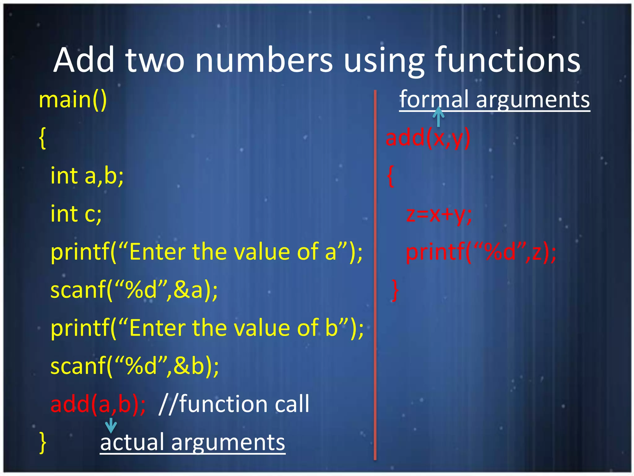 Add two numbers using functions
main()                               formal arguments
{                                 add(x,y)
  int a,b;                        {
  int c;                              z=x+y;
  printf(“Enter the value of a”);     printf(“%d”,z);
  scanf(“%d”,&a);                  }
  printf(“Enter the value of b”);
  scanf(“%d”,&b);
  add(a,b); //function call
}       actual arguments
 