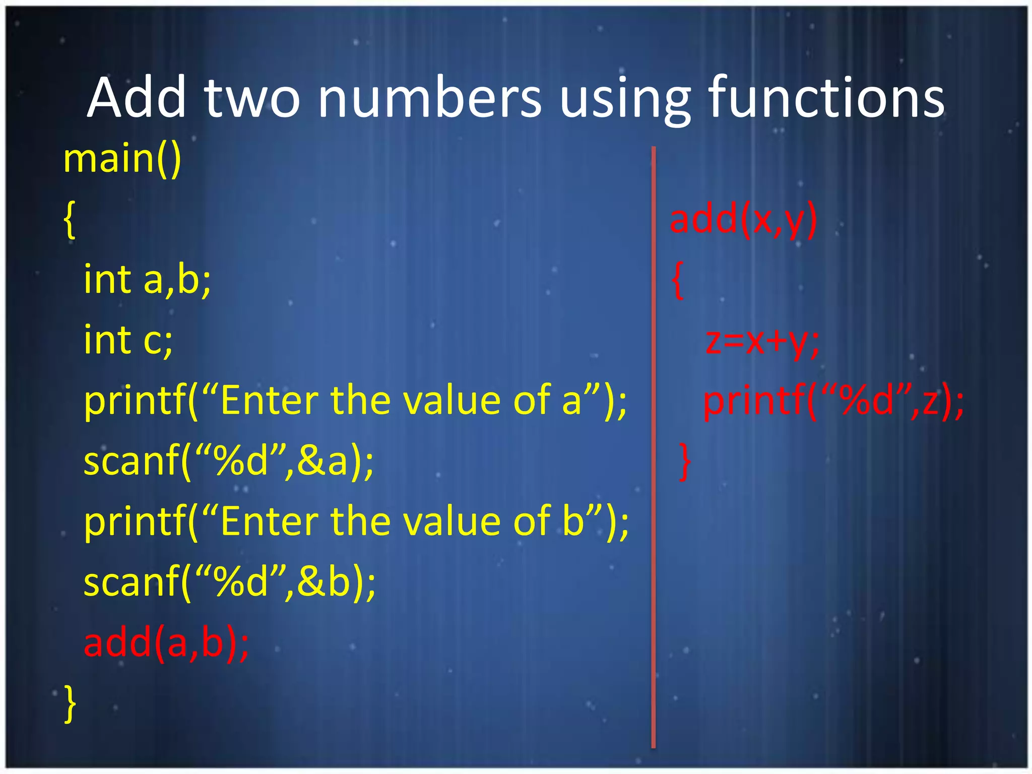 Add two numbers using functions
main()
{                                 add(x,y)
  int a,b;                        {
  int c;                            z=x+y;
  printf(“Enter the value of a”);   printf(“%d”,z);
  scanf(“%d”,&a);                 }
  printf(“Enter the value of b”);
  scanf(“%d”,&b);
  add(a,b);
}
 