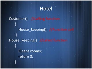 Hotel
Customer() //calling function
   {
      House_keeping(); //Function call
    }
House_keeping() //called function
   {
      Cleans rooms;
      return 0;
   }
 